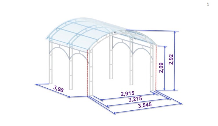Technische Zeichnung eines Bogendach Carports mit Maßangaben in Metern für die Planung und Montage.