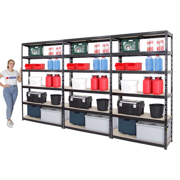 PROREGAL Mega Deal 3x Schwerlastregal Giant Tiger XL HxBxT 220 x 120 x 40 cm Fachlast 265 kg 6-Ebenen Schwarz
