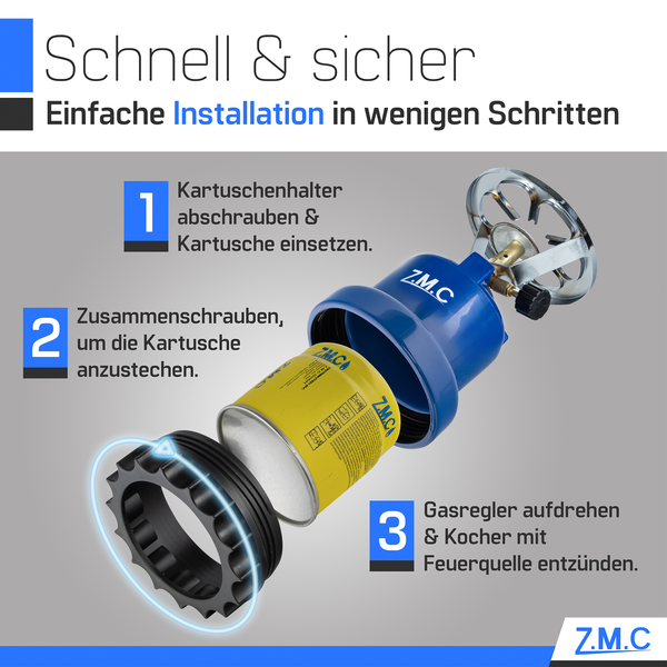 Z.M.C Campingkocher + 2x Gaskartuschen 190g, tragbarer Gaskocher für Camping 1110 W, Kohleanzünder Outdoor, Kartuschenkocher für Stechkartusche, ideal für Camping, Reisen & indoor, Outdoor-Abenteuer