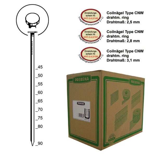 Prebena Coilnägel CNW31/80RFRILI Linsenkopf rostfrei Ringschaft