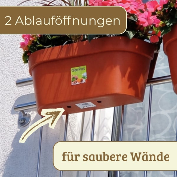Balkonkasten mit zwei Ablauföffnungen am Boden für saubere Wände, GarPet Logo.