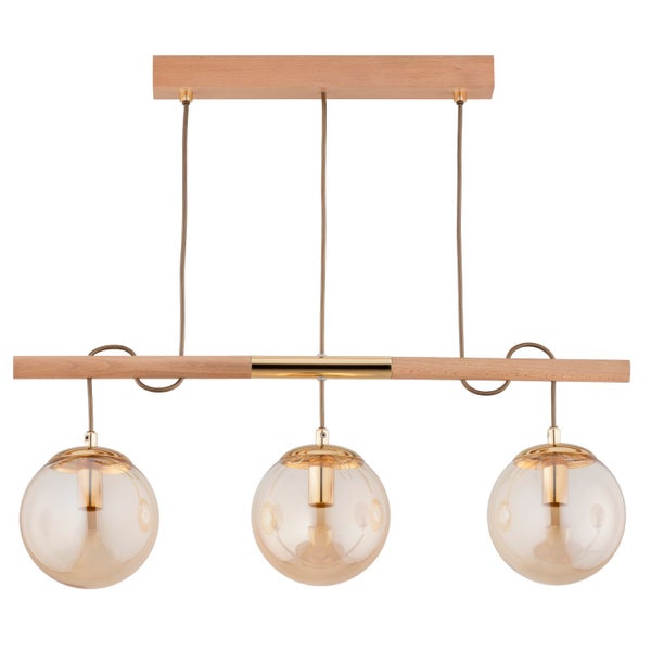 Hängelampe mit drei Glaskugeln und Holzbalken in modernem Design für den Innenbereich