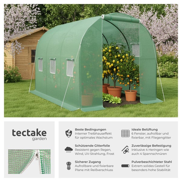 Gewächshaus mit Gitterfolie, sechs Fenstern und Stahlgestell im Garten
