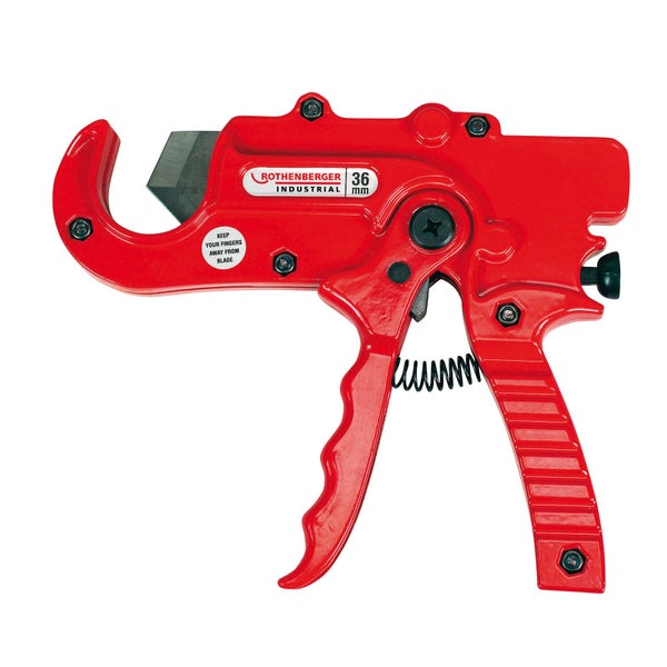 Rothenberger Industrial Kunststoffrohrschere in Rot für Rohre mit einem Durchmesser von bis zu 36 Millimeter.