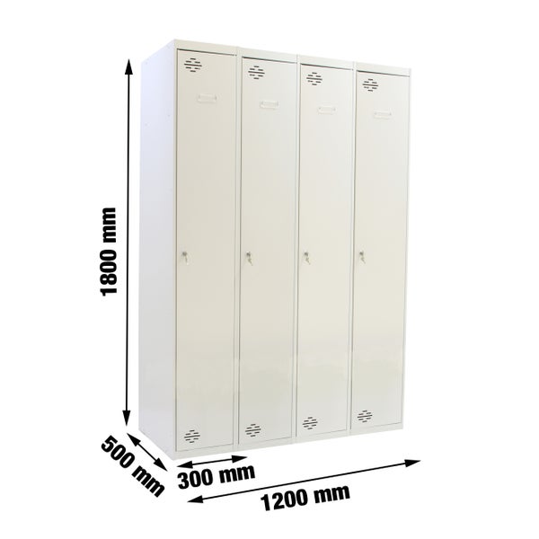 PROREGAL Spind Amego 4 Abteile HxBxT 180 x 120 x 50 cm Abteilbreite 30 cm Durchgehend Feuerfeste Beschichtung Lichtgrau Metallspind Kleiderspind