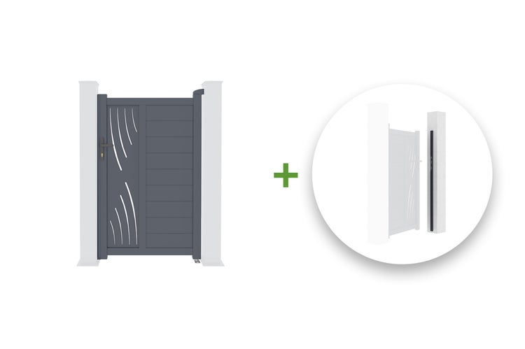 Einflügeliges Gartentor aus Aluminium mit horizontalen Lamellen und Wellen-Dekor inklusive Pfosten und Zubehör.