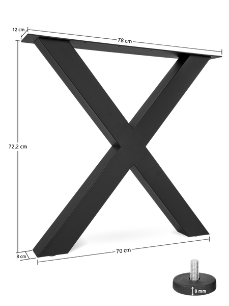 X-förmiges Tischbein aus Metall in Schwarz, Höhe 72,2 Zentimeter, Breite oben 78 Zentimeter, Breite unten 70 Zentimeter, mit verstellbarem Fuß.
