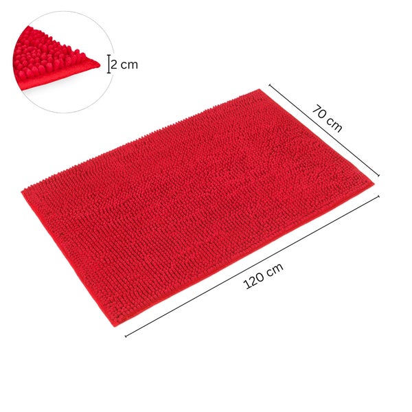 Rote rechteckige Chenille-Badematte, 120 mal 70 Zentimeter, Höhe 2 Zentimeter, strukturierte Oberfläche.
