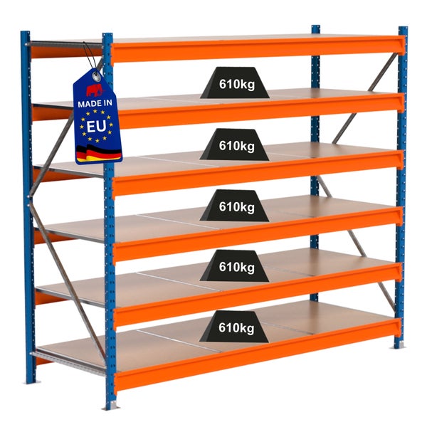 Lagerregal mit fünf Ebenen und einer Traglast von 610 Kilogramm pro Ebene