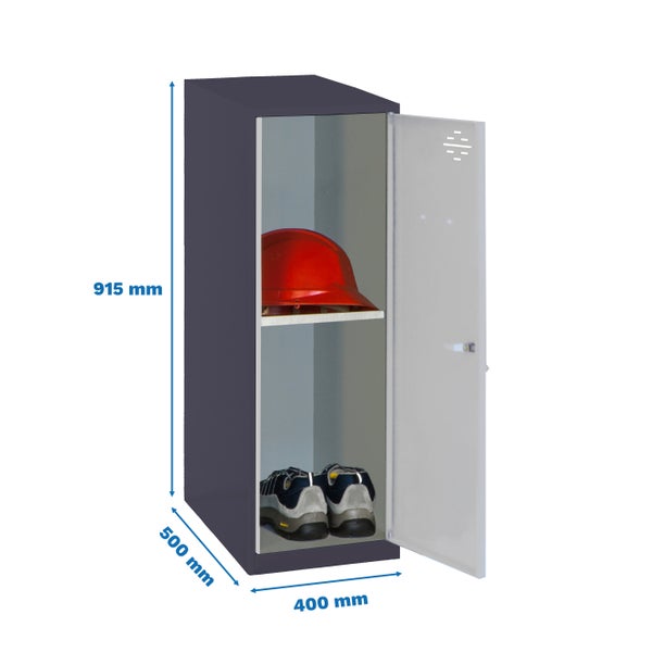 Spind mit Helm und Schuhen, Abmessungen: 915 mm Höhe, 500 mm Tiefe, 400 mm Breite
