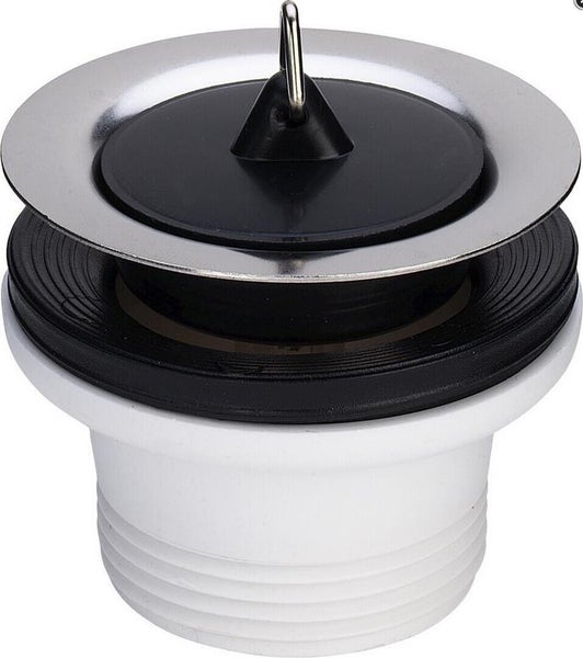 Ablaufventil mit schwarzem Gummistopfen und weißem Kunststoffgehäuse für Waschbecken.