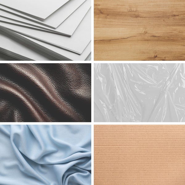 Übersicht verschiedener Materialoberflächen: Papier, Holz, Leder, Kunststofffolie, Textil und Wellpappe.