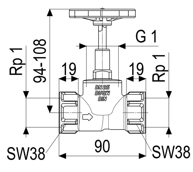 Technische Zeichnung eines Ventils mit Maßen: Länge 90 Millimeter, Höhe 94 bis 108 Millimeter, Innengewinde 1 Zoll und Schlüsselweite 38.