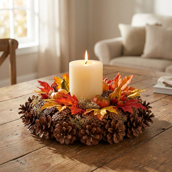 Herbstliche Tischdekoration mit brennender Stumpenkerze, Zapfen, künstlichen Kürbissen und herbstlichen Blättern auf einem Holztisch.