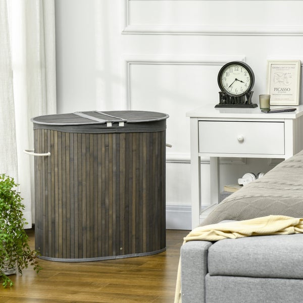 HOMCOM Bambus Wäschekorb mit Deckel 100L Wäschesammler mit Griffen, 2 herausnehmbarer Wäschesack, Wäschesortierer Wäschebox für Waschküche, Badezimmer, Schlafzimmer, Grau