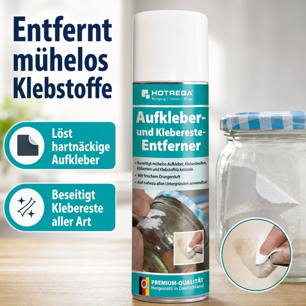 Hotrega Aufkleber und Klebereste Entferner in einer Spraydose zur mühelosen Beseitigung von Klebstoffresten und Etiketten auf verschiedenen Flächen.