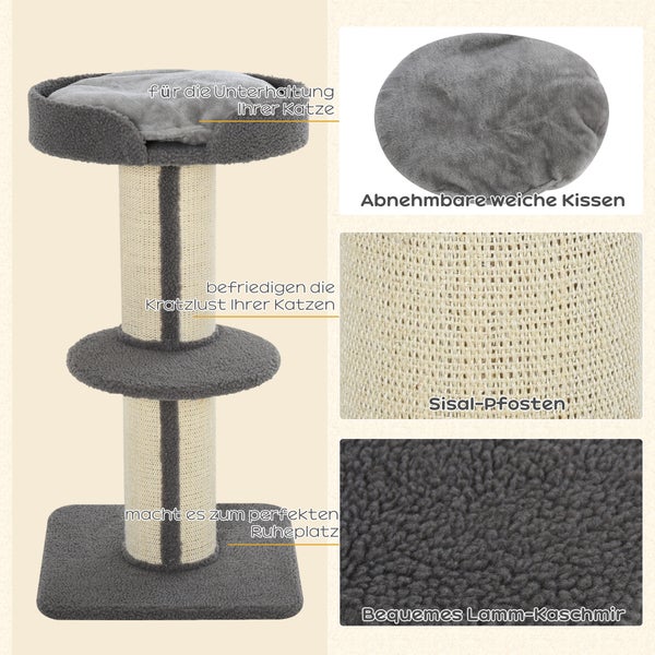 PawHut Kratzbaum klein 91 cm Katzenbaum mit Katzenbett, Katzenkratzbaum Spielbaum Kratzstamm mit Plattform für Katzen bis 5 kg Sisal Lammwolle Grau