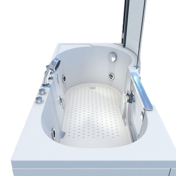 Whirlpool-Badewanne mit Glasduschwand, Handbrause, Armaturen und rutschfestem Boden.