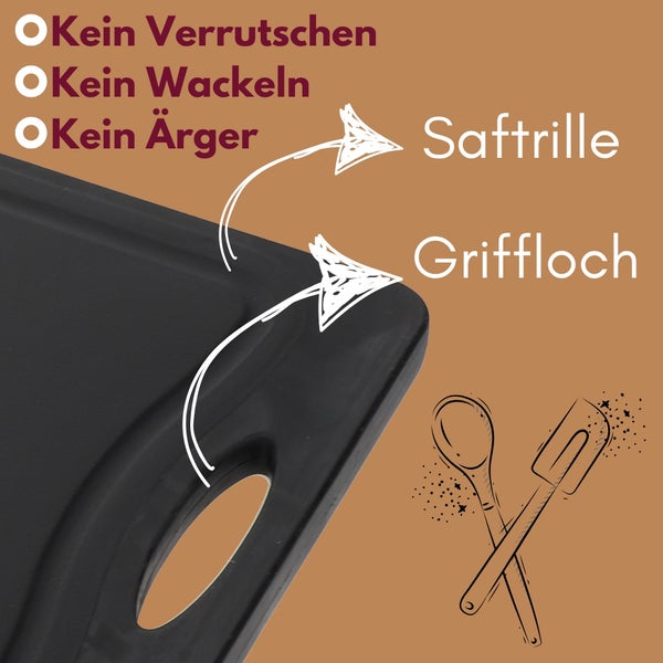 Schneidebrett mit Saftrille und Griffloch, das nicht verrutscht, wackelt oder Ärgernis verursacht