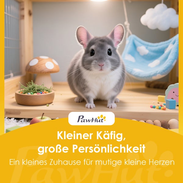 Chinchilla in einem Holzgehege mit PawHut Zubehör wie Hängematte, Futternapf und Spielzeug. PawHut Logo.