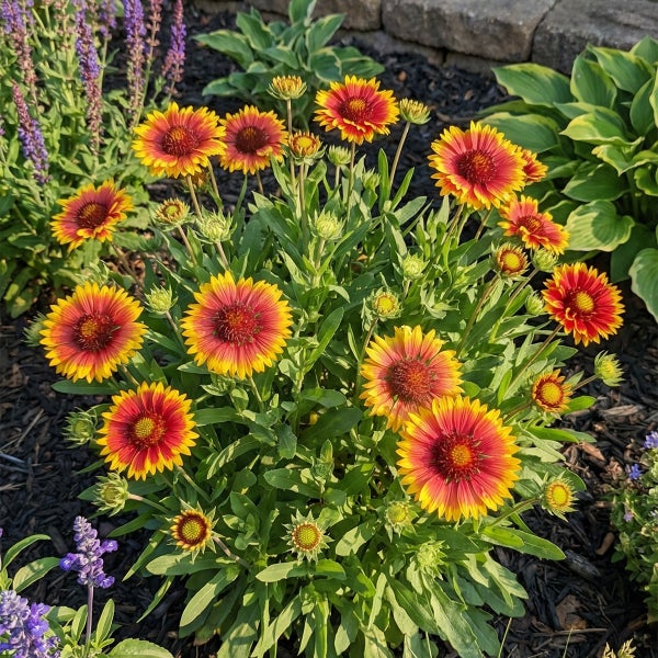 Kräftige Kokardenblume mit rot-gelben Blüten und grünen Blättern in einem organisierten Gartenbeet mit dunklem Mulch.