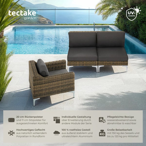 Modulares Rattanset tectake Villanova kein Aufbau 2 Mittelteile und Sessel mit Aluminiumgestell anthrazit-meliert