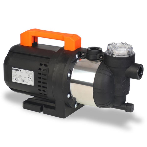 Fuxtec Gartenpumpe in Schwarz und Orange aus Kunststoff und Edelstahl mit Tragegriff und integriertem Filter.