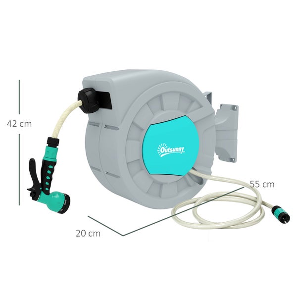 Outsunny Schlauchtrommel mit Gartenschlauch 25m, 180° schwenkbar Schlauchbox, Schlauchaufroller zur Wandmontage, Wasserschlauchaufroller mit automatische Aufrollung, 7-Funktionen Handbrause, Grün+Grau