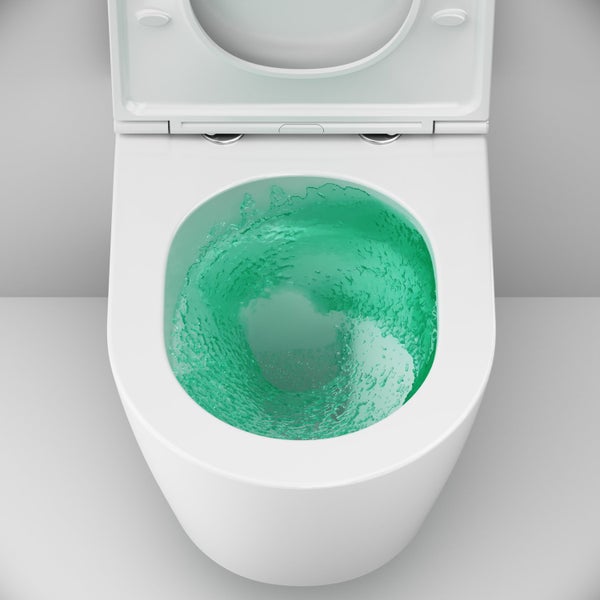 Weiße Wand-Hänge-Toilette mit offenem Deckel und grünem Wasserwirbel in der Schüssel.