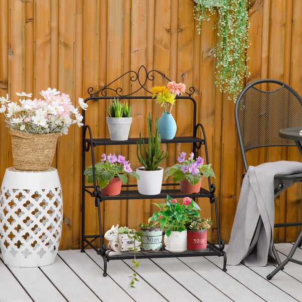 Outsunny Blumentreppe aus Metall 3 Stufen Pflanzenständer Pflanzentreppe Leiterregal Blumenständer innen draußen Schwarz 60,5 x 59,5 x 95,5 cm