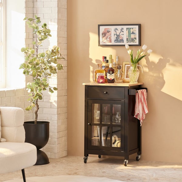 Servierwagen mit Schublade, Glastür, Flaschen und Gläsern im Innenraum, Handtuchhalter und Rollen