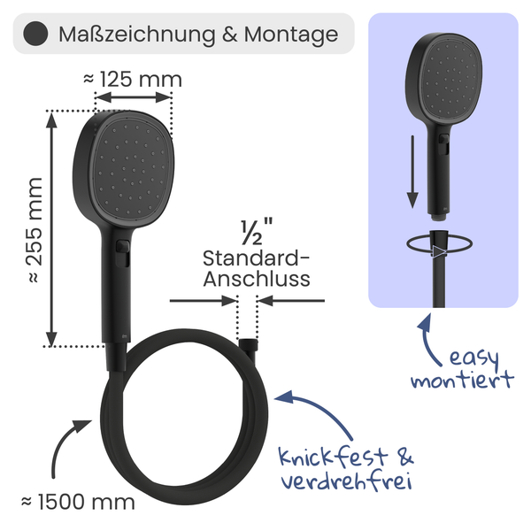 Maßzeichnung Handbrause: Kopf circa 125 Millimeter, Länge circa 255 Millimeter, Schlauch circa 1500 Millimeter, Anschluss ein halb Zoll.