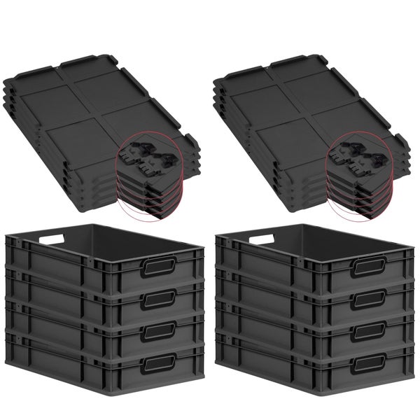 PROREGAL SuperSparSet 8x Eurobox NextGen Color mit Scharnierdeckel und Schiebeschnappverschlüssen, HxBxT 12x40x60cm, 23 Liter, Schwarz, Griffe schwarz offen, Eurobehälter, Transportbox, Transportbehälter, Stapelbehälter