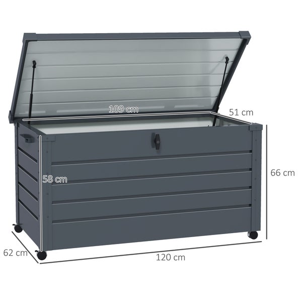 Gartenbox aus Metall mit Rollen und offenem Deckel, Maße 120 mal 62 mal 66 Zentimeter