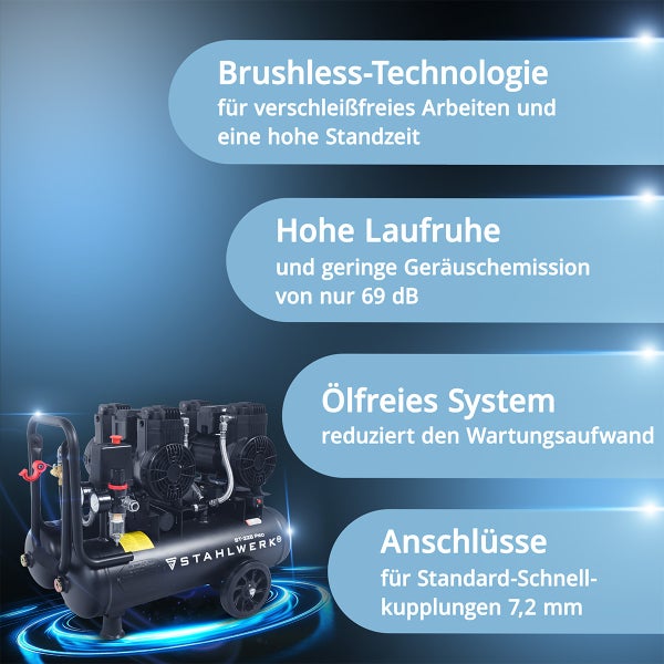 STAHLWERK BT-228 PRO Kompressor mit bürstenloser Technologie, ölfreiem System und 7,2 mm Schnellkupplungen