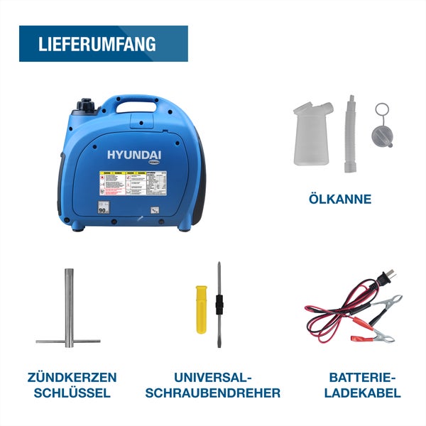Lieferumfang des blauen Hyundai Stromerzeugers, inklusive Ölkännchen, Zündkerzenschlüssel, Universal Schraubendreher und Batterieladekabel