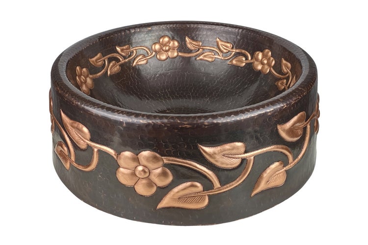 Rundes Aufsatzwaschbecken aus Kupfer mit Blumenmuster