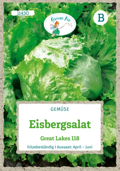 Samentüte für Eisbergsalat Great Lakes 118, Grüne Fee Logo, hitzebeständig, Aussaat von April bis Juni.