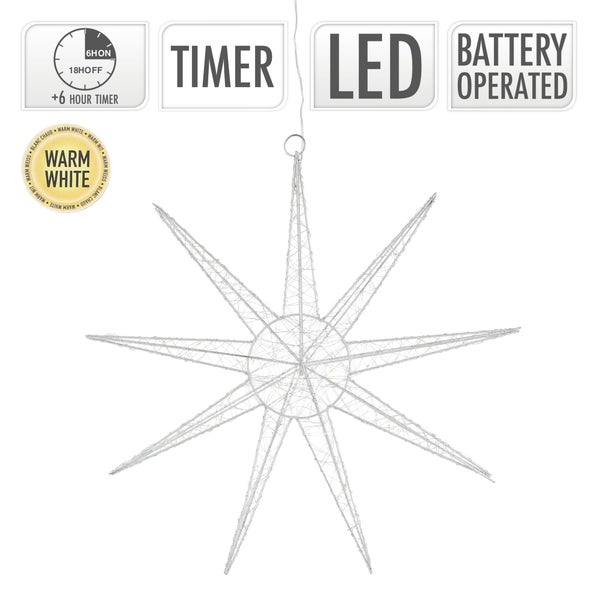 ECD Germany LED Deko Weihnachtsstern mit 50 warmweißen LEDs, 50 cm, Silber, batteriebetrieben, Metall, Weihnachten Schneeflocke zum Aufhängen mit Beleuchtung & Timer, Innen, Weihnachtsdeko Fensterdeko