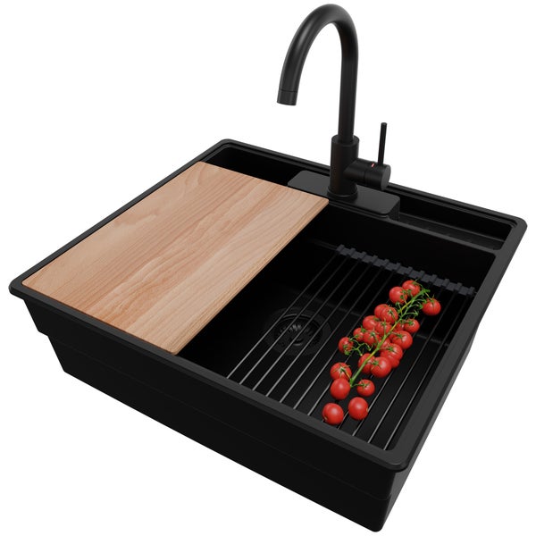 PRIMAGRAN Granitspüle Alles Schwarz 58x53cm, Spülbecken 1 Becken + Küchenarmatur 32x20cm + Ablauf-Set + Küchenzubehörset, Küchenspüle ab 60er Unterschrank - New York