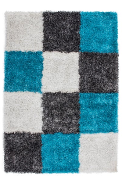 Hochflor Teppich mit modernem Schachbrettmuster in quadratischer Anordnung.