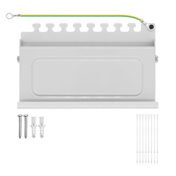 Metall-Montageplatte für Elektroinstallationen mit Erdungskabel, Schrauben, Dübeln und Kabelbindern.