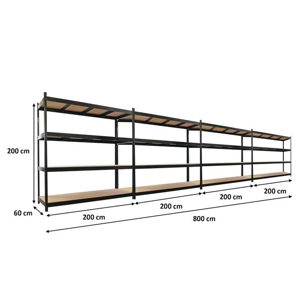 Schwerlastregal aus Metall und Holz, 800 Zentimeter breit, vier Einheiten zu 200 Zentimeter, 200 Zentimeter hoch, 60 Zentimeter tief.