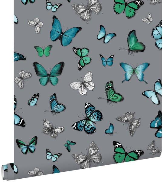 ESTAhome Tapete Schmetterlinge Silber und Türkis - 53 cm x 10,05 m - 138510