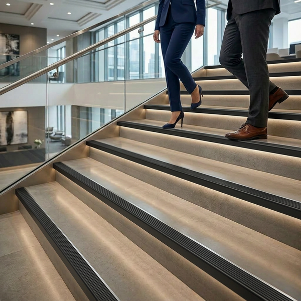 Moderne Treppe mit schwarzen Treppenkantenprofilen und integrierter LED-Beleuchtung in einem hellen Bürogebäude.