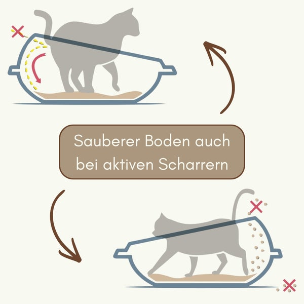 Infografik einer Katzentoilette mit hohem Rand, die zeigt, dass Streu im Behälter bleibt. Text: Sauberer Boden auch bei aktiven Scharrern.