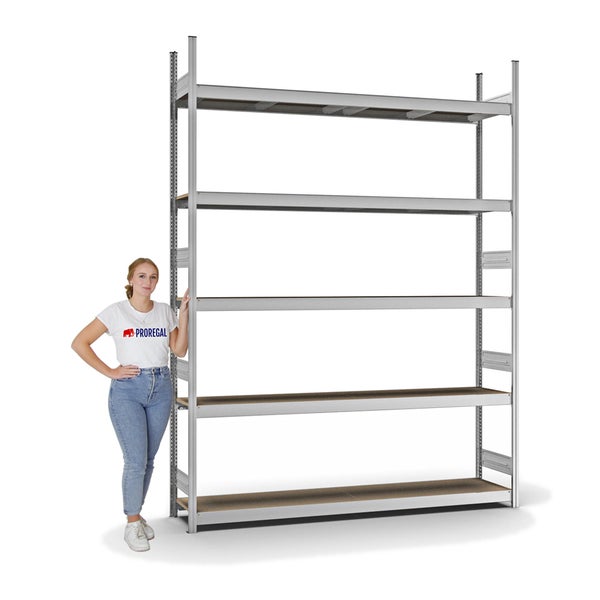 PROREGAL Weitspannregal Stecksystem T-Profil Grundregal HxBxT 300x225x40 cm 5 Ebenen Spanplatten Fachboden Fachlast 350 kg Verzinkt