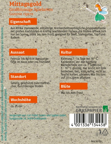 Rückseite einer Samentüte für Mittagsgold (Gazania rigens) mit Informationen zu Aussaat, Standort, Kultur und Blüte. Wuchshöhe circa 35 cm. Nachhaltige Graspapier-Verpackung.