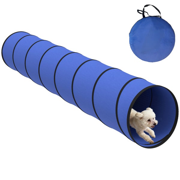 Blauer Agility-Hundetunnel aus Stoff mit kleinem weißem Hund und runder Tragetasche.