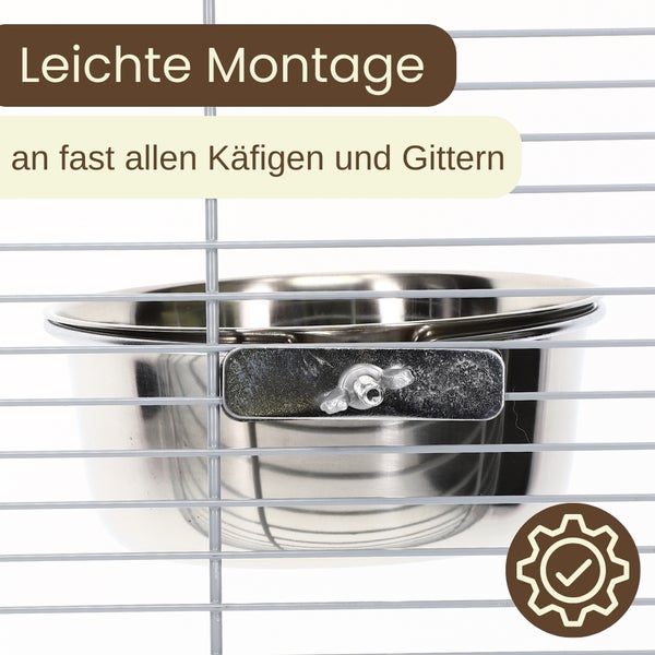 Edelstahlnapf zur einfachen Montage an Käfigen und Gittern